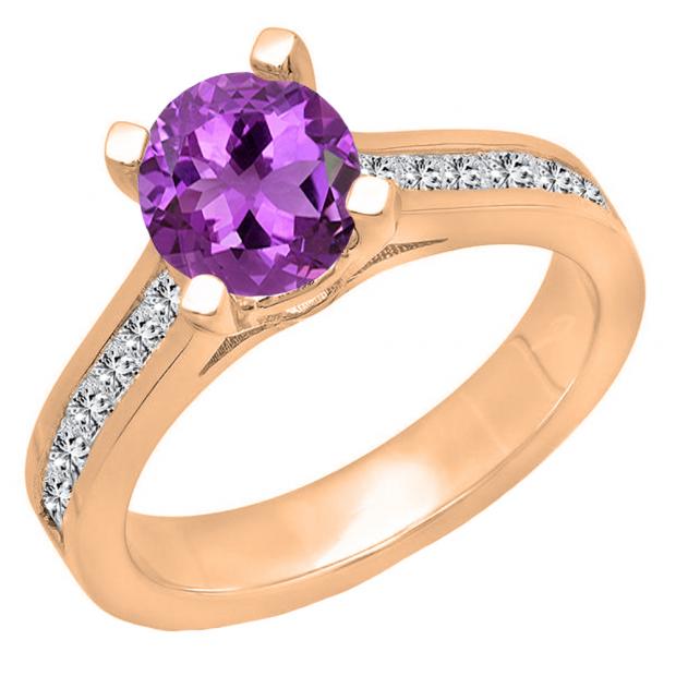 6.5 MM Round Amethyst & Princess White Diamond Ladies Bridal Engagement Ring 10K Rose Gold