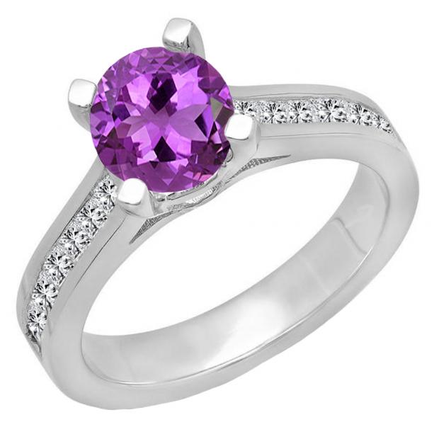 6.5 MM Round Amethyst & Princess White Diamond Ladies Bridal Engagement Ring 10K White Gold
