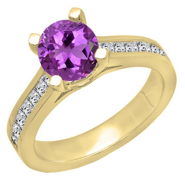 6.5 MM Round Amethyst & Princess White Diamond Ladies Bridal Engagement Ring 10K Yellow Gold
