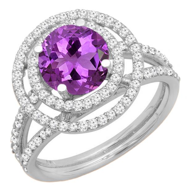 10K White Gold 7 MM Round Amethyst & White Diamond Ladies Bridal Halo Engagement Ring