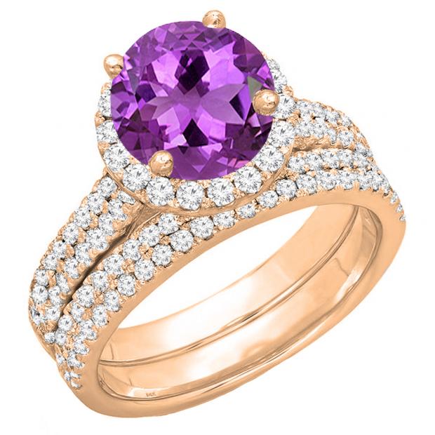 18K Rose Gold 7 MM Round Amethyst & White Diamond Ladies Bridal Halo Engagement Ring Set