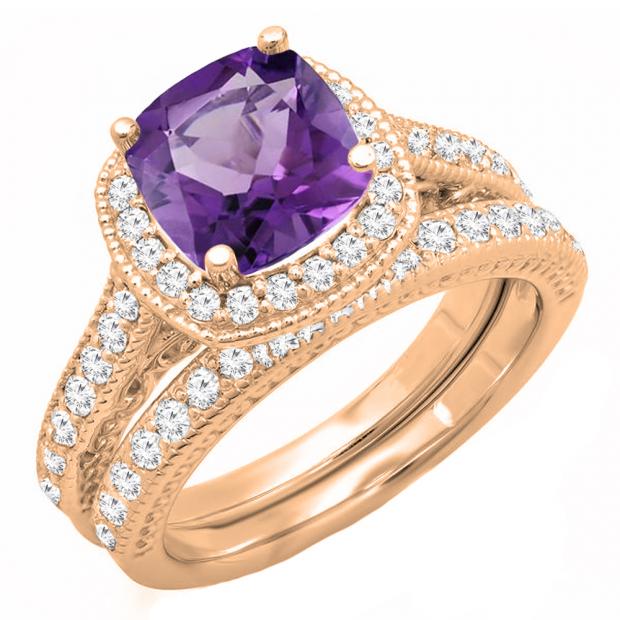 14K Rose Gold 7.5 MM Cushion Cut Amethyst & Round Diamond Ladies Bridal Halo Engagement Ring Set