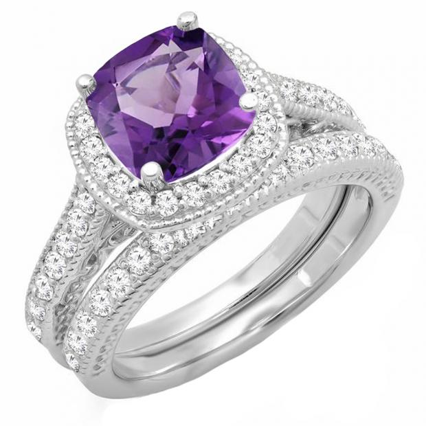 14K White Gold 7.5 MM Cushion Cut Amethyst & Round Diamond Ladies Bridal Halo Engagement Ring Set