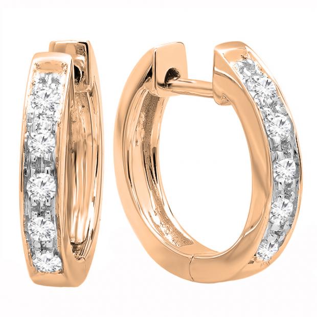 0.12 Carat (ctw) 10K Rose Gold Round White Diamond Ladies Huggie Hoop Earrings