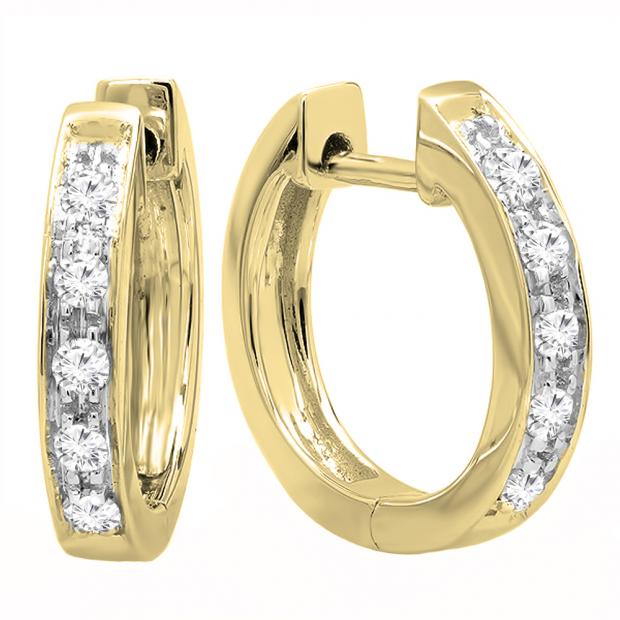 0.12 Carat (ctw) 10K Yellow Gold Round White Diamond Ladies Huggie Hoop Earrings