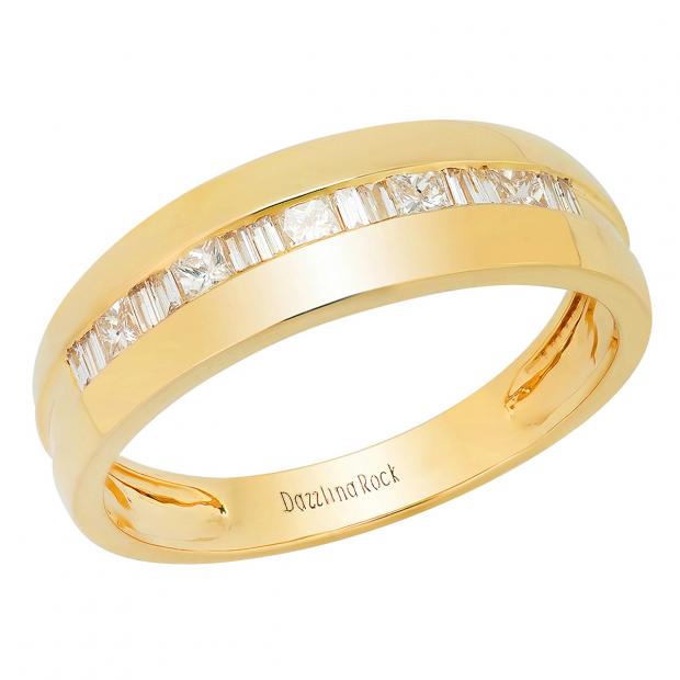 0.50 Carat (ctw) 14K Yellow Gold Round & Baguette Cut Diamond Mens Anniversary Wedding Band 1/2 CT