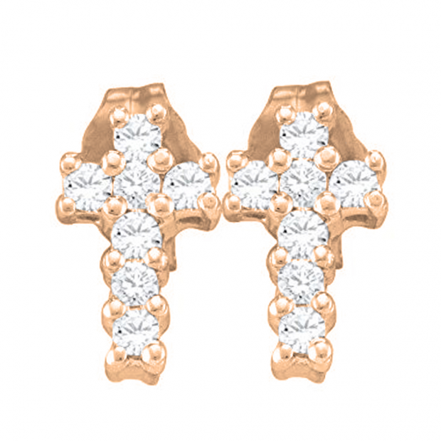 0.25 Carat (ctw) 10K Rose Gold Round Cut White Diamond Ladies Cross Stud Earrings 1/4 CT