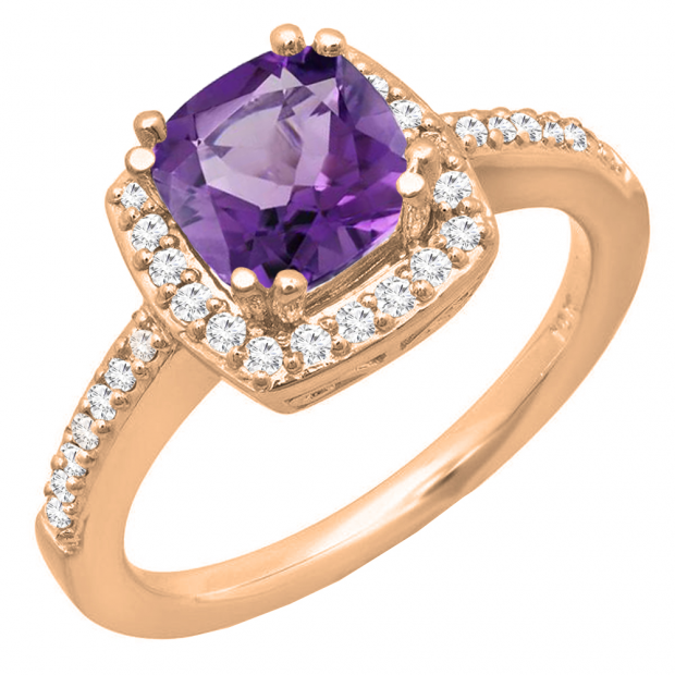 10K Rose Gold 6 MM Cushion Amethyst & Round Diamond Bridal Halo Style Engagement Ring