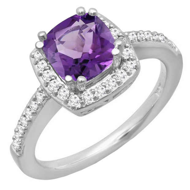10K White Gold 6 MM Cushion Amethyst & Round Diamond Bridal Halo Style Engagement Ring