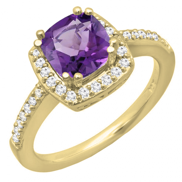 10K Yellow Gold 6 MM Cushion Amethyst & Round Diamond Bridal Halo Style Engagement Ring