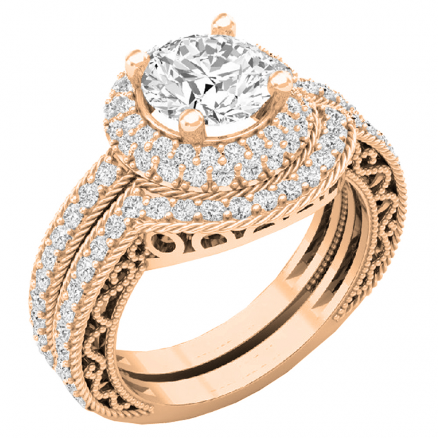 4.40 CT 10K Rose Gold Halo Round Cubic Zirconia CZ Wedding Bridal Engagement Ring Set
