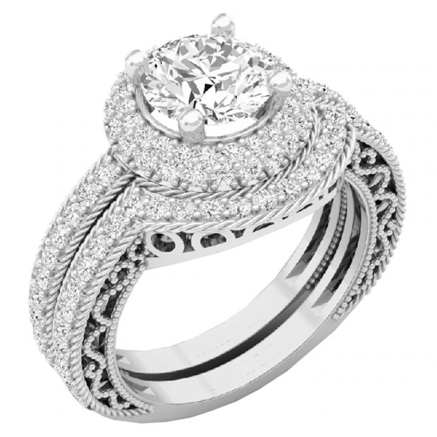 4.40 CT 14K White Gold Halo Round Cubic Zirconia CZ Wedding Bridal Engagement Ring Set
