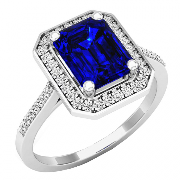 1.40 Carat (ctw) 14K White Gold Emerald Blue & Round White Cubic Zirconia Bridal Engagement Ring