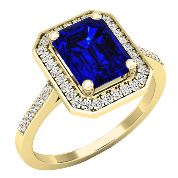 1.40 Carat (ctw) 14K Yellow Gold Emerald Blue & Round White Cubic Zirconia Bridal Engagement Ring