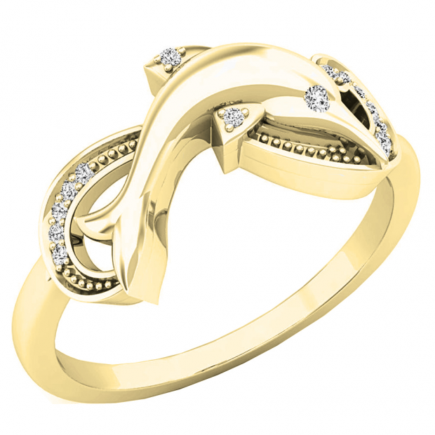 0.08 Carat (ctw) 18K Yellow Gold Round Cut White Diamond Ladies Right Hand Dolphin Ring