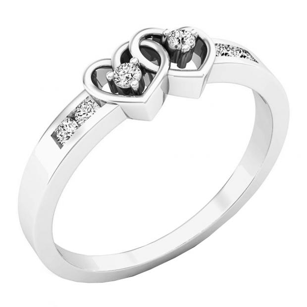 0.13 Carat (ctw) 14K White Gold Round White Diamond Ladies Promise Double Heart Engagement Ring