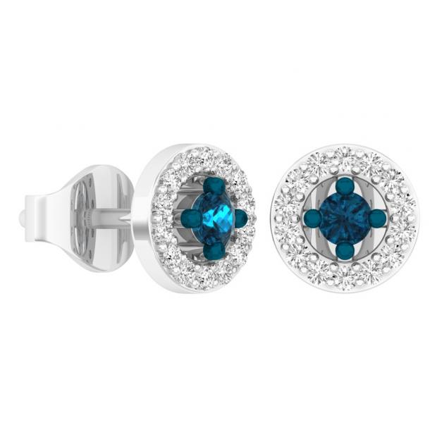 0.30 Carat (ctw) 18K White Gold Round Cut Blue & White Diamond Ladies Halo Stud Earrings 1/3 CT