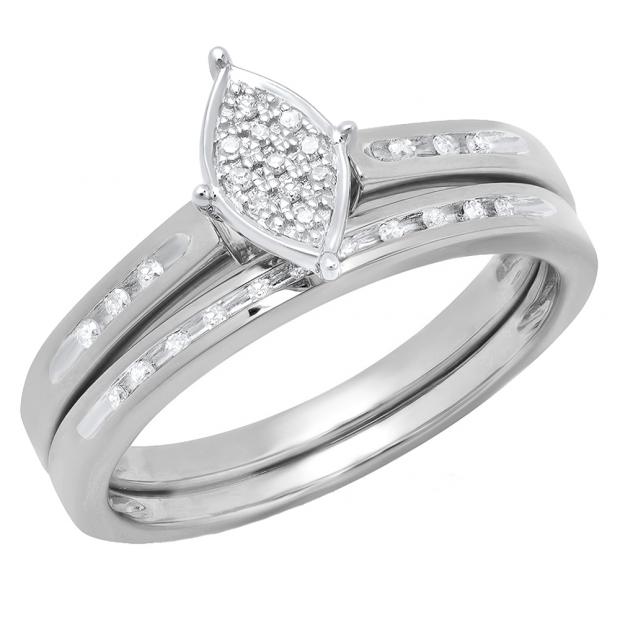 0.12 Carat (ctw) 10K White Gold Round Diamond Marquise Shape Bridal Promise Engagement Ring Set