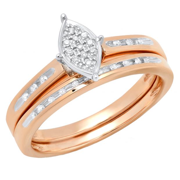 0.12 Carat (ctw) 18K Rose Gold Round Diamond Marquise Shape Bridal Promise Engagement Ring Set