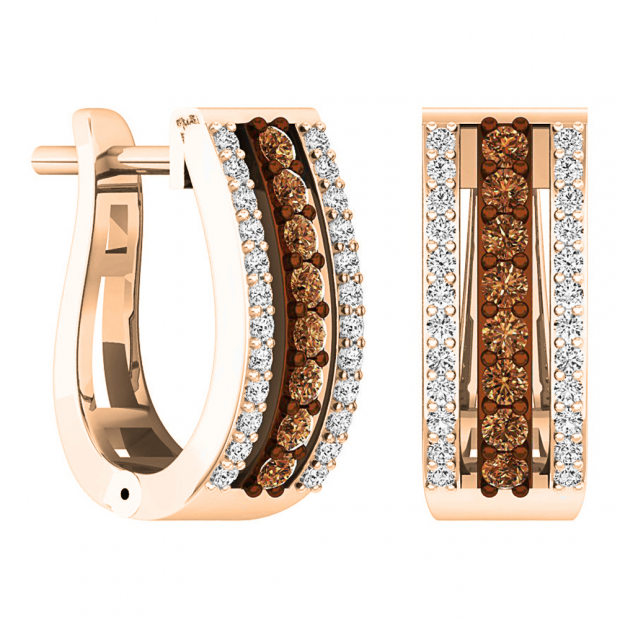 0.45 Carat (ctw) 10K Rose Gold Round Champagne & White Diamond Ladies Huggies Hoop Earrings 1/2 CT
