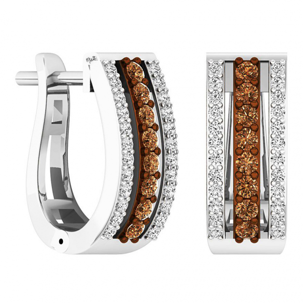 0.45 Carat (ctw) 10K White Gold Round Champagne & White Diamond Ladies Huggies Hoop Earrings 1/2 CT
