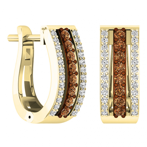 0.45 Carat (ctw) 10K Yellow Gold Round Champagne & White Diamond Ladies Huggies Hoop Earrings 1/2 CT