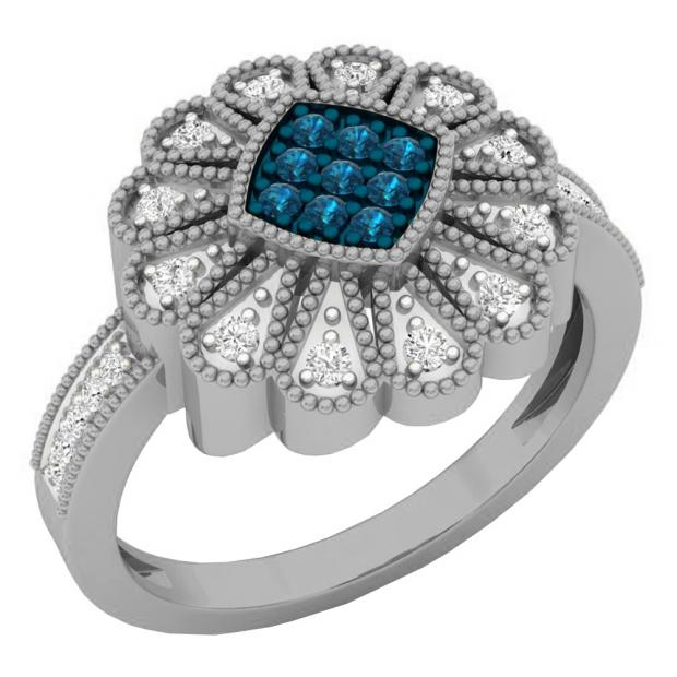 0.26 Carat (ctw) 10K White Gold Round White & Blue Diamond Ladies Cluster Right Hand Ring 1/4 CT
