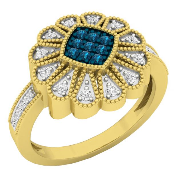 0.26 Carat (ctw) 10K Yellow Gold Round White & Blue Diamond Ladies Cluster Right Hand Ring 1/4 CT