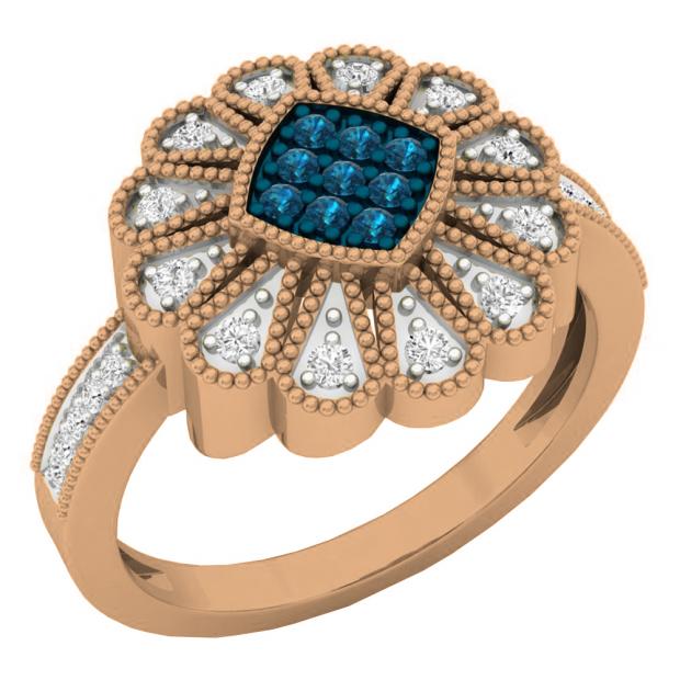 0.26 Carat (ctw) 18K Rose Gold Round White & Blue Diamond Ladies Cluster Right Hand Ring 1/4 CT
