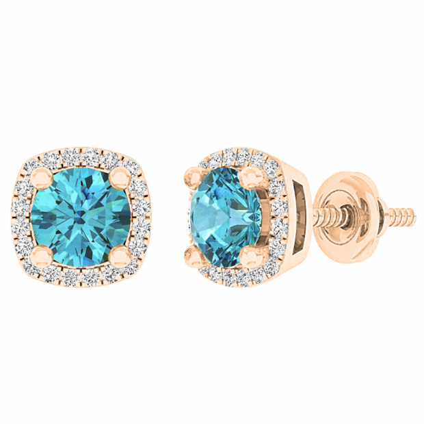 10K Rose Gold 5 MM Each Round Cut Blue Topaz & White Diamond Ladies Halo Stud Earrings