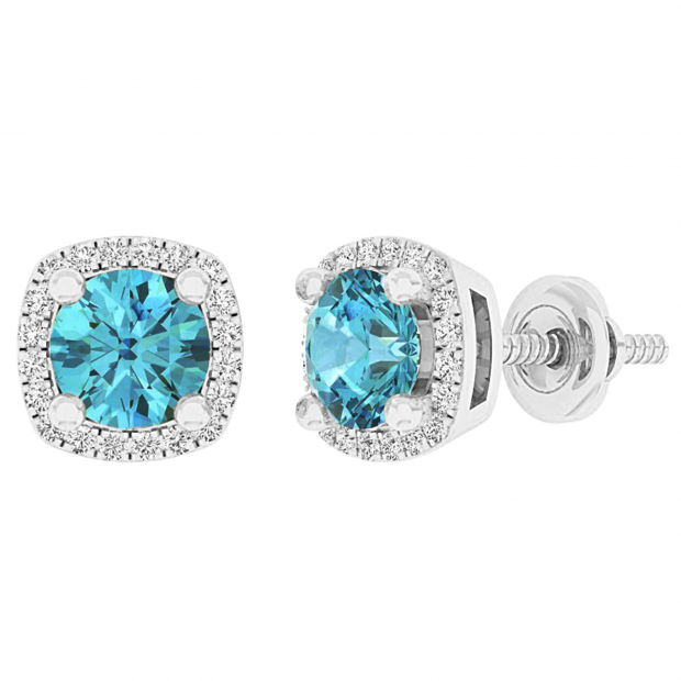 10K White Gold 5 MM Each Round Cut Blue Topaz & White Diamond Ladies Halo Stud Earrings
