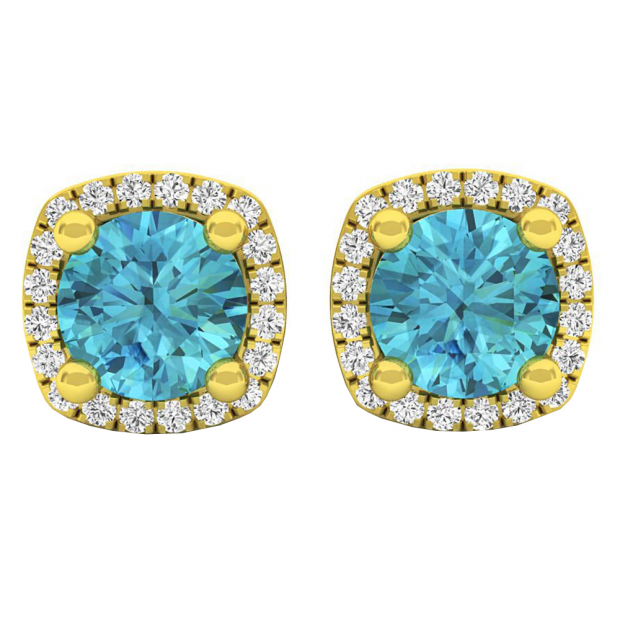 10K Yellow Gold 5 MM Each Round Cut Blue Topaz & White Diamond Ladies Halo Stud Earrings