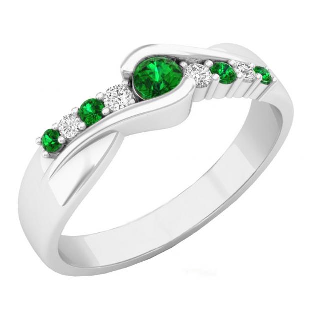 0.27 Carat (ctw) 10K White Gold Round Cut Emerald & Diamond Ladies Bypass Engagement Ring 1/4 CT