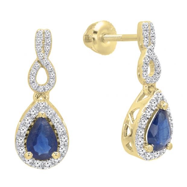 14K Yellow Gold 6X4 MM Pear Cut Blue Sapphire & Round White Diamond Ladies Halo Dangling Earrings