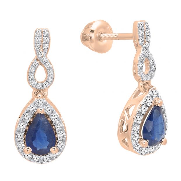 18K Rose Gold 6X4 MM Pear Cut Blue Sapphire & Round White Diamond Ladies Halo Dangling Earrings