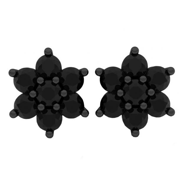 2.45 Carat (ctw) Black Rhodium Plated 18K White Gold Round Black Diamond Ladies Flower Stud Earrings