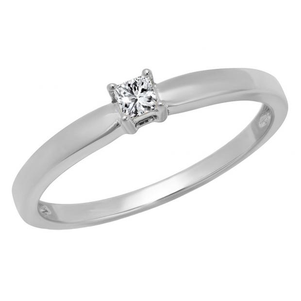 0.10 Carat (ctw) 14K White Gold Princess Cut Diamond Ladies Solitaire Engagement Ring 1/10 CT