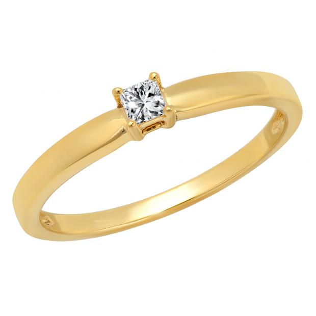 0.10 Carat (ctw) 18K Yellow Gold Princess Cut Diamond Ladies Solitaire Engagement Ring 1/10 CT