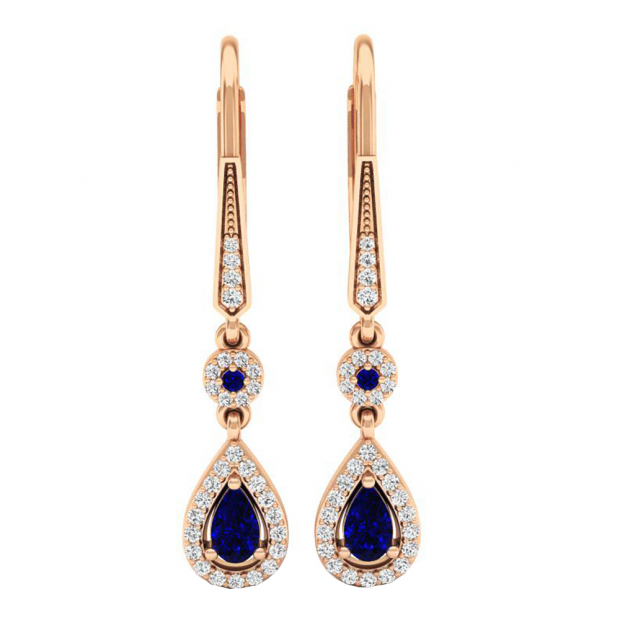 10K Rose Gold 5X3 MM Each Round & Pear Cut Blue Sapphire & Round Diamond Halo Dangling Earrings