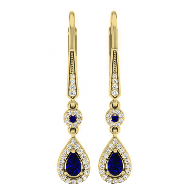 10K Yellow Gold 5X3 MM Each Round & Pear Cut Blue Sapphire & Round Diamond Halo Dangling Earrings