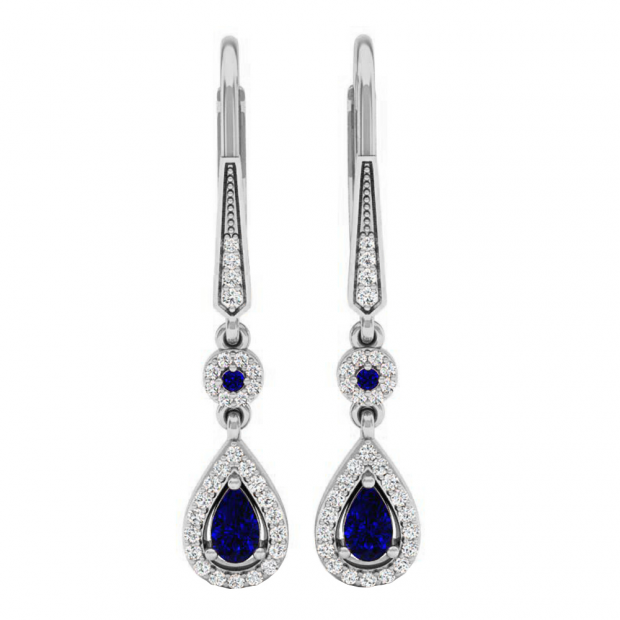 14K White Gold 5X3 MM Each Round & Pear Cut Blue Sapphire & Round Diamond Halo Dangling Earrings