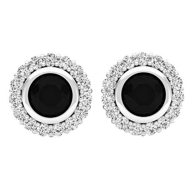 1.35 Carat (ctw) Sterling Silver Round Black & White Diamond Ladies Halo Style Stud Earrings