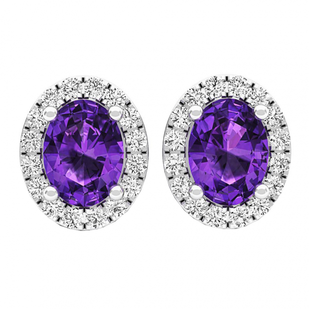 Sterling Silver 8X6 MM Each Oval Cut Amethyst & Round Lab Created White Sapphires Stud Earrings