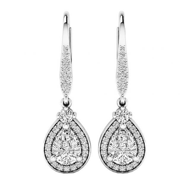 Sterling Silver 7X5 MM Each Pear Cut Lab Created White Sapphire & Round Diamond Dangling Earrings
