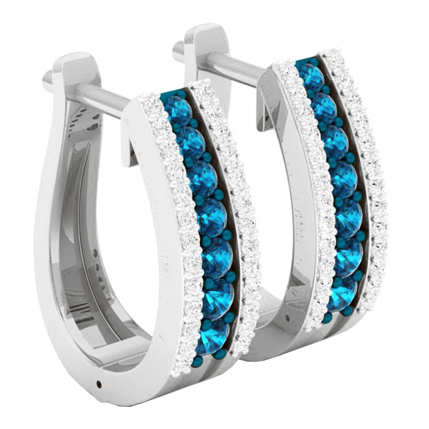 0.70 Carat (ctw) 14K White Gold Round Blue & White Diamond Ladies Huggies Hoop Earrings 3/4 CT