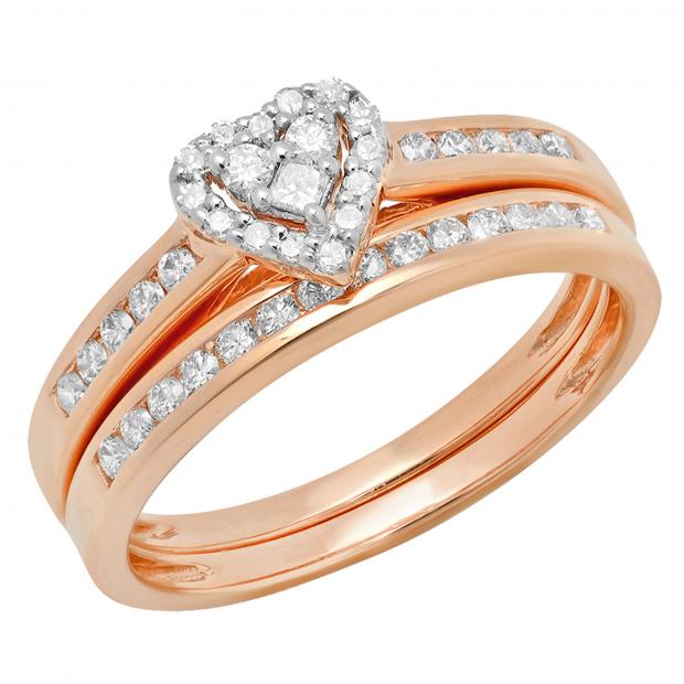 0.50 Carat (ctw) 10K Rose Gold Round Diamond Ladies Heart Shaped Bridal Engagement Ring Set 1/2 CT