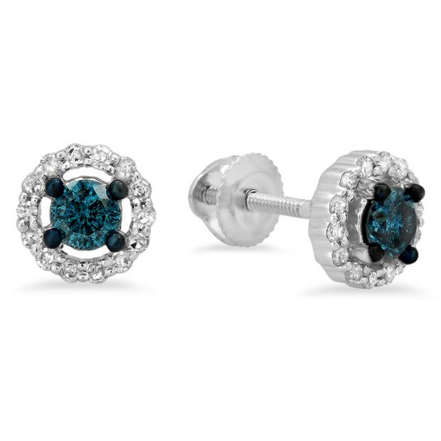 0.45 Carat (ctw) 10K White Gold Round Blue & White Diamond Ladies Halo Stud Earrings 1/2 CT