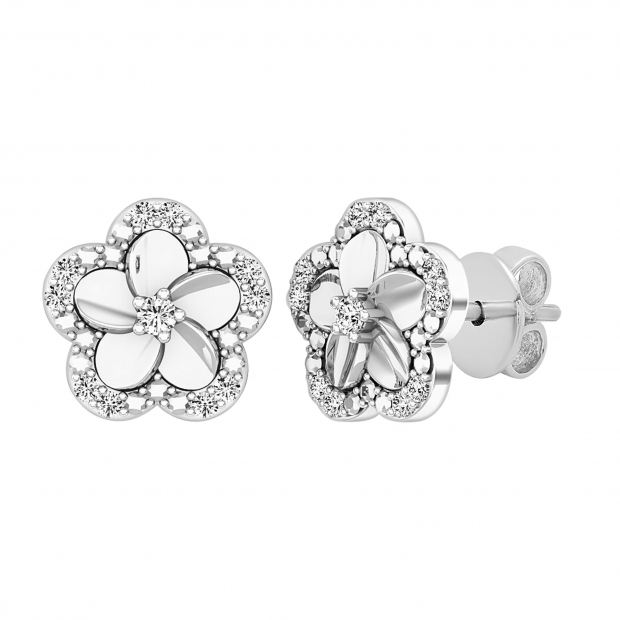 0.10 Carat (ctw) Round Diamond Ladies Cluster Plumeria Flower Stud Earrings 1/10 CT Sterling Silver