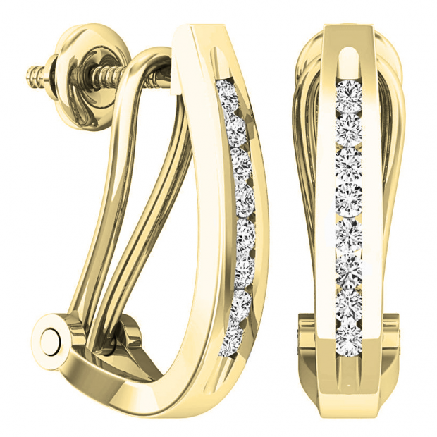 0.20 Carat (ctw) 10K Yellow Gold Round White Diamond Ladies J Shape Hoop Earrings