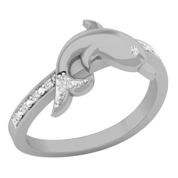 0.10 Carat (ctw) 10K White Gold Round Cut White Diamond Ladies Right Hand Dolphin Ring 1/10 CT